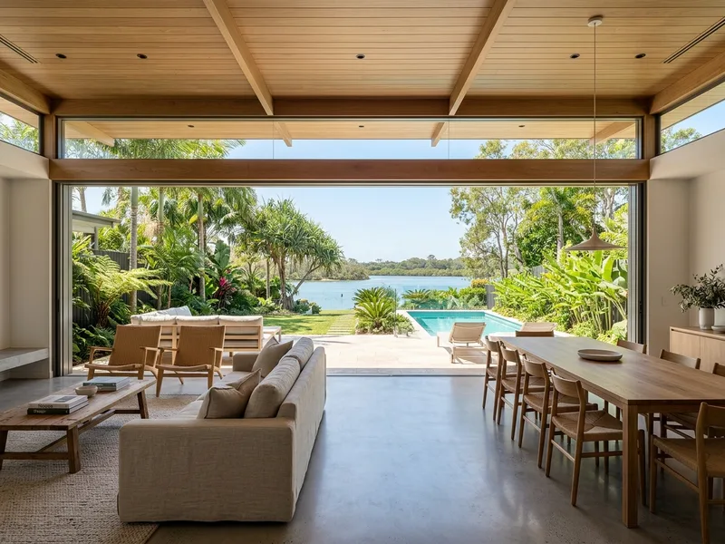 Sanitized open-plan living room and polished hardwood floors in a Noosa residence