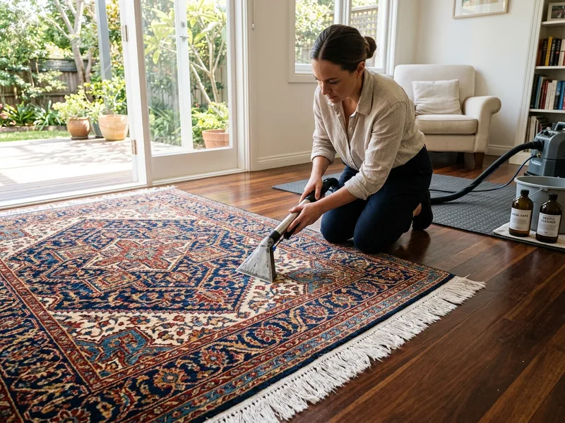 Close-up of clean, groomed wool area rug fibers showing vivid colors and spotless fringe