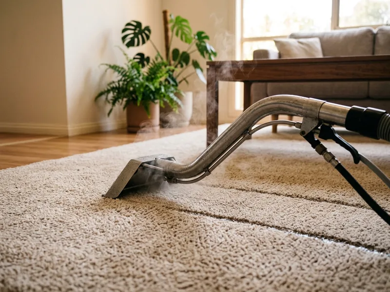 High pressure hot water extraction wand flushing coastal sand from carpet pile